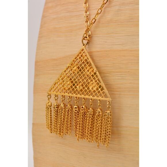 Cabochon Chain Tassel Necklace Pendant Green Gold Tone Dangle Vintage BinR - Picture 10 of 12